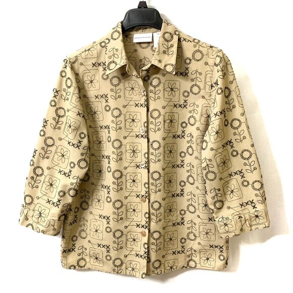 Alfred Dunner Top Size 14 Front Buttons, Stitching Details, Brown, Linen Blend - Picture 1 of 10